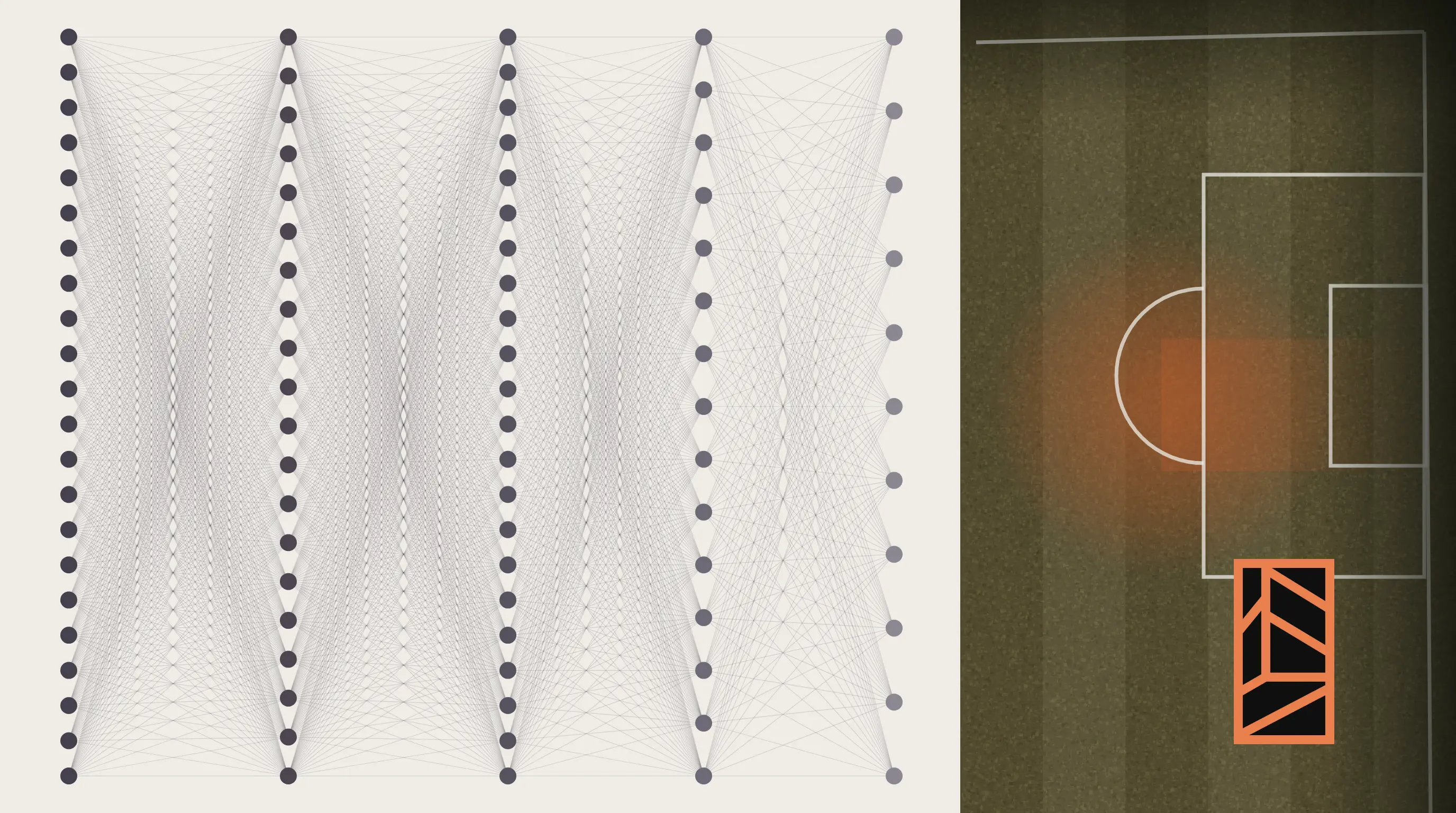 Ilustración del artículo ¿Se puede algoritmizar el potrero? - diagrama de red neuronal junto a vista aérea de una cancha de fútbol