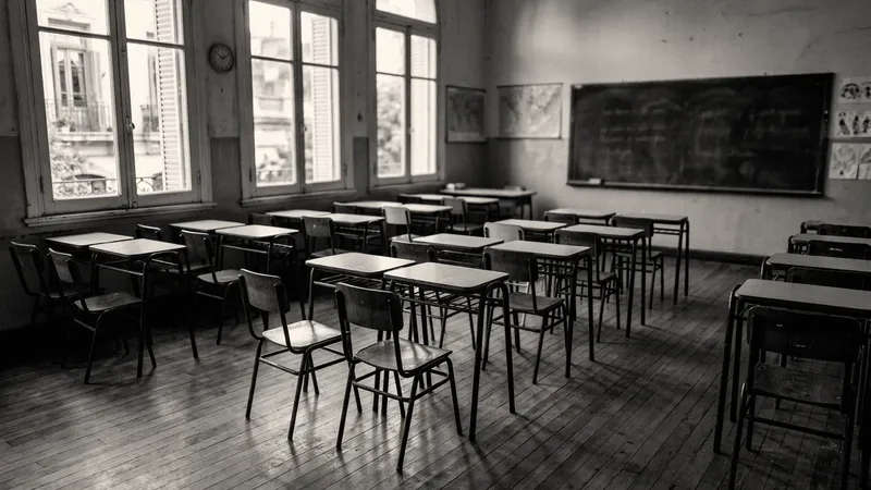 Aula vacía de una escuela primaria de Buenos Aires, con sillas y pupitres en luz de tarde