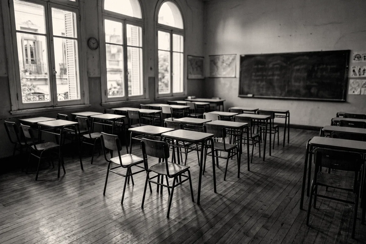 Aula vacía de una escuela primaria de Buenos Aires, con sillas y pupitres en luz de tarde