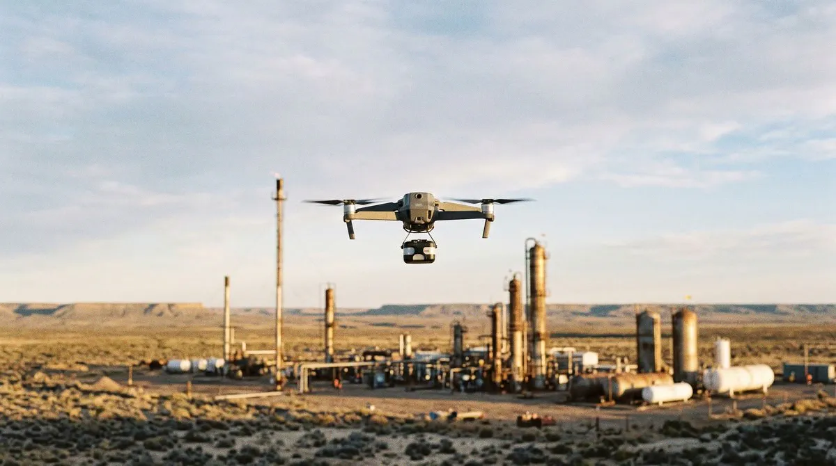 Un dron con un sensor colgando vuela bajo, centrado, sobre una planta de gas desenfocada al atardecer