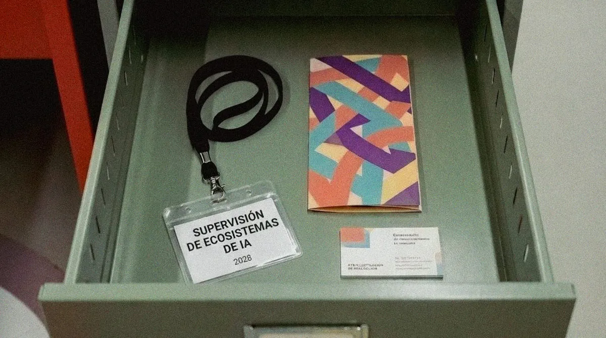 Un cajón metálico abierto visto desde arriba, con una credencial fechada en 2028, un tríptico plegado y una tarjeta pequeña adentro