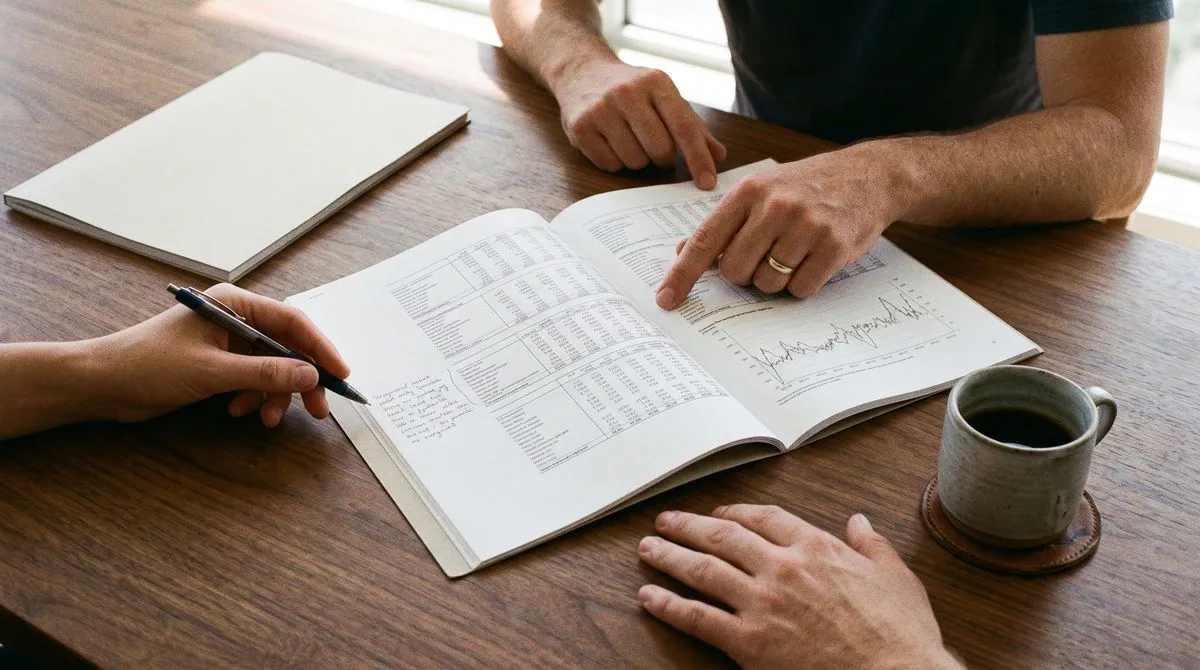 Un informe impreso abierto sobre una mesa de madera, con tablas y un gráfico de línea; tres pares de manos alrededor, una señala una cifra, otra escribe una nota al margen, y una taza de café