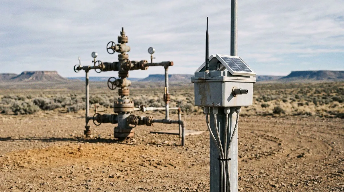 Un sensor de metano con antena y panel solar sobre un poste, en primer plano, junto a la boca de un pozo de gas; meseta seca y bardas al fondo