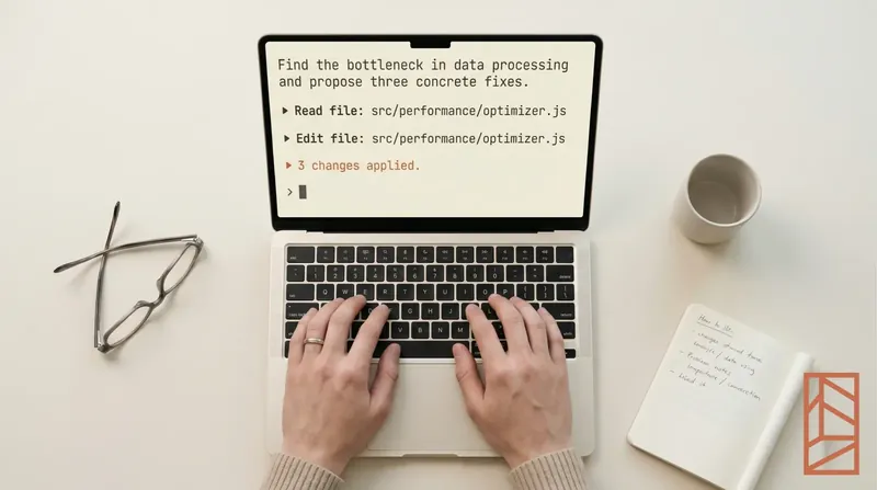 Ilustración sobre intent coding y personal software - pantalla con código y nota de pregunta