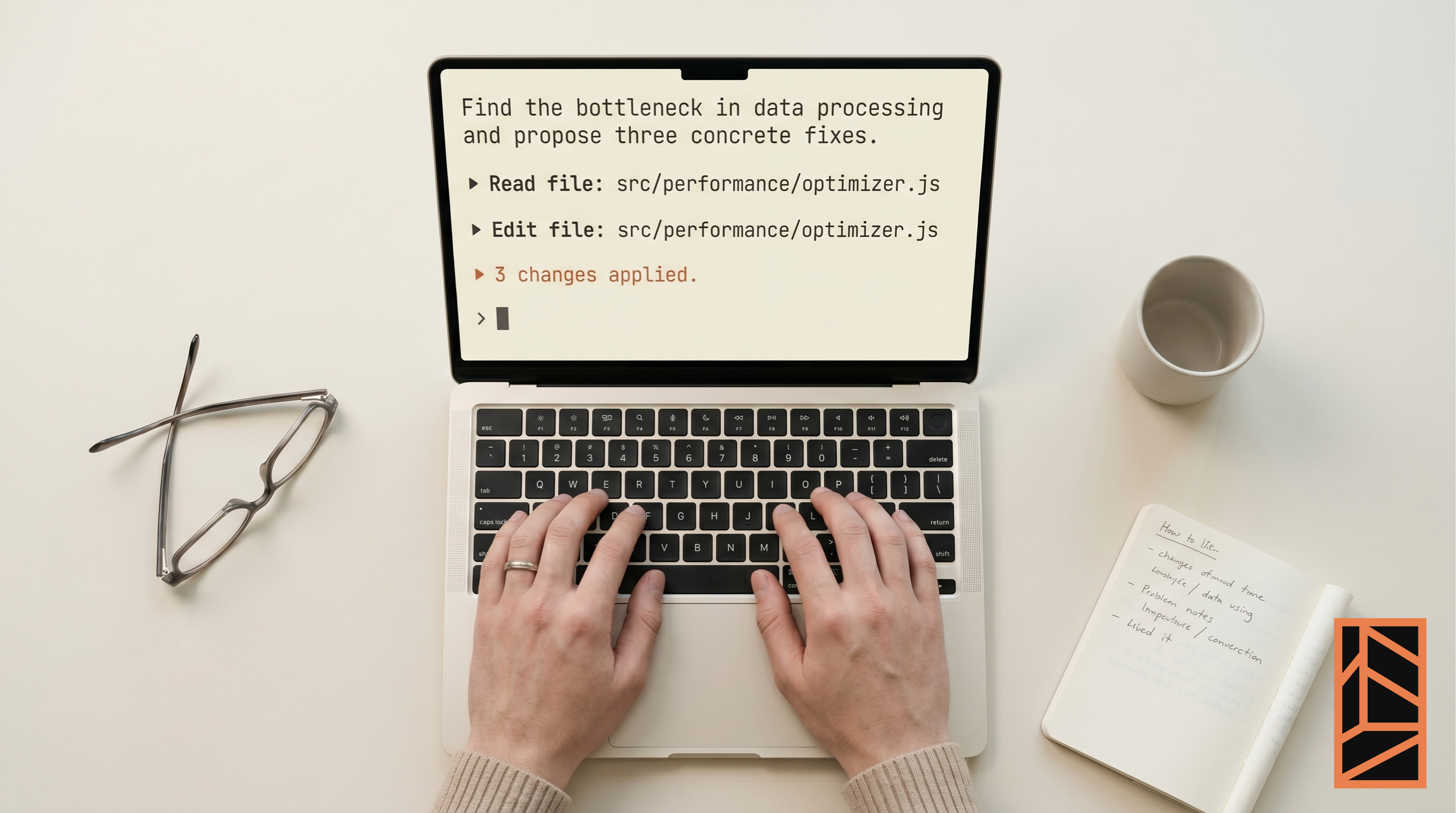 Ilustración sobre intent coding y personal software - pantalla con código y nota de pregunta