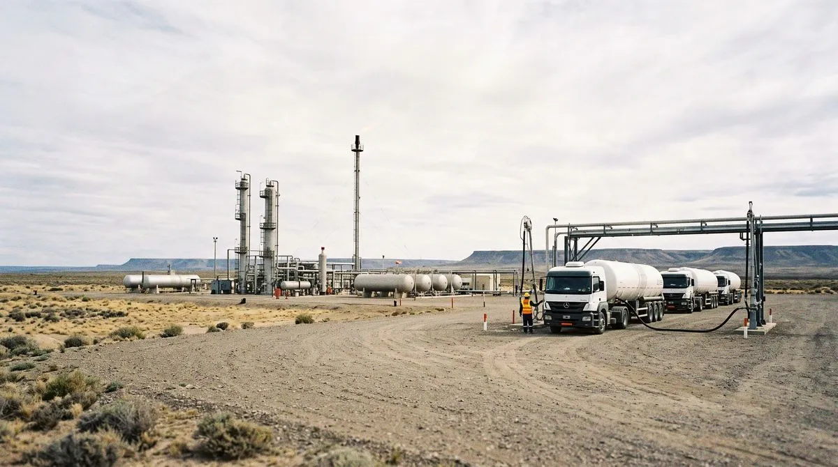 Una planta de gas en la meseta, con torres y tanques, y una fila de camiones cisterna blancos bajo el brazo de carga; un operario junto al primer camión