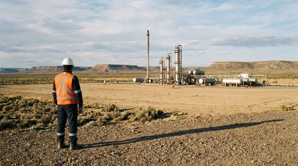 Un operario con casco y chaleco reflectante, de espaldas, mira una planta de gas con la antorcha encendida; meseta seca y bardas al fondo, su sombra larga sobre el ripio