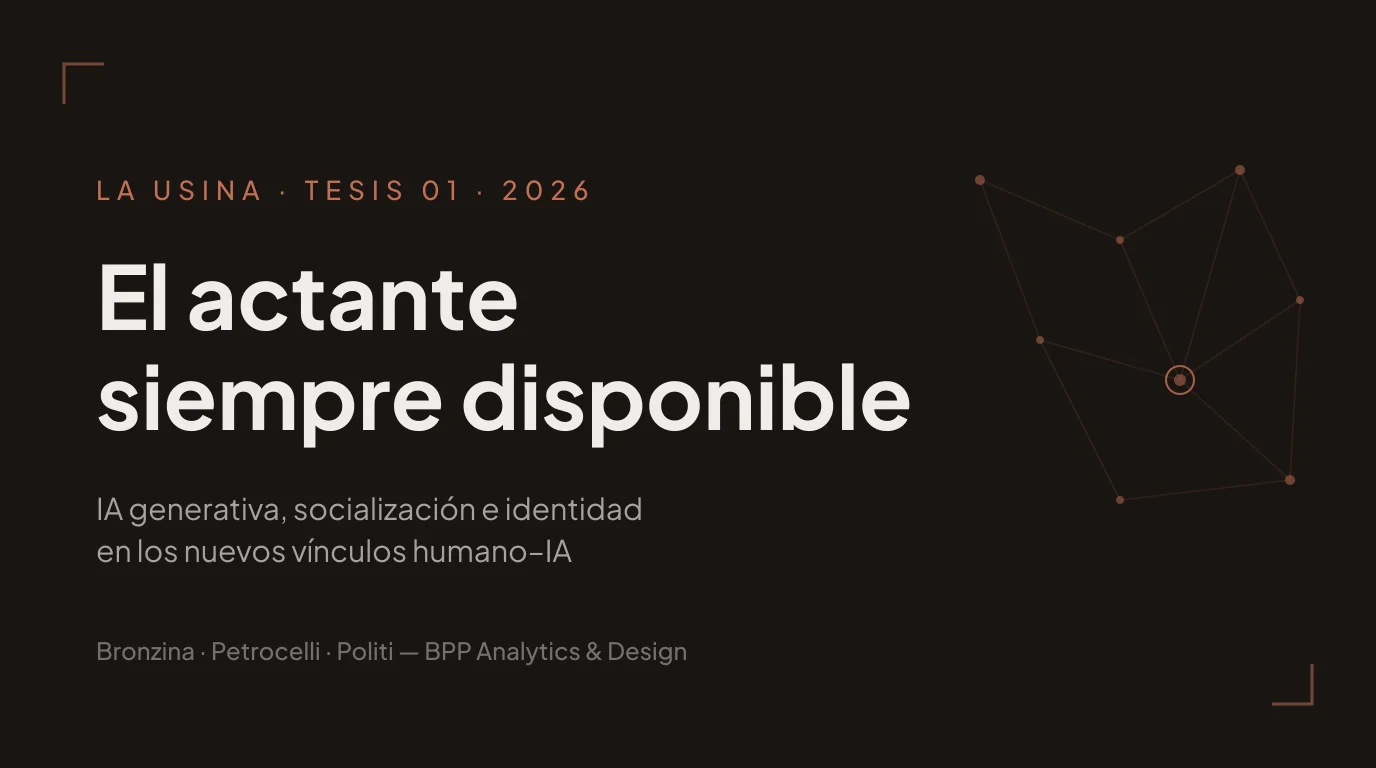 Portada de la Tesis 01 de La Usina: El actante siempre disponible — IA generativa, socialización e identidad, con diagrama de red actor-red