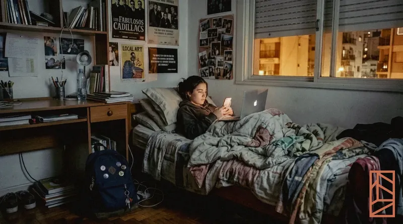 Una chica en la cama de su cuarto, de noche, con el celular en la mano y la notebook abierta. La única luz viene de las pantallas y de la ventana.