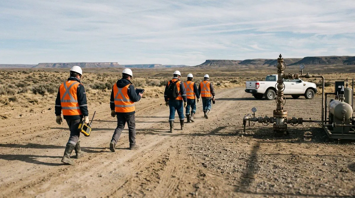 Cinco personas con cascos y chalecos reflectantes caminan de espaldas por un camino de tierra en un pad de gas; una boca de pozo y una camioneta blanca a un costado, bardas al fondo