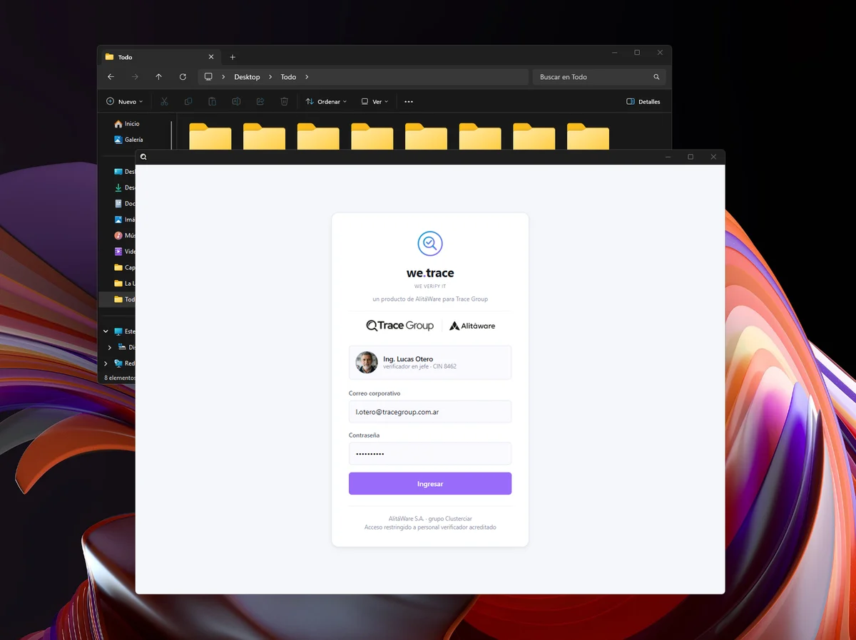 Pantalla de ingreso de we.trace, la plataforma ficticia de verificación de emisiones construida como prototipo diegético para Trace Group