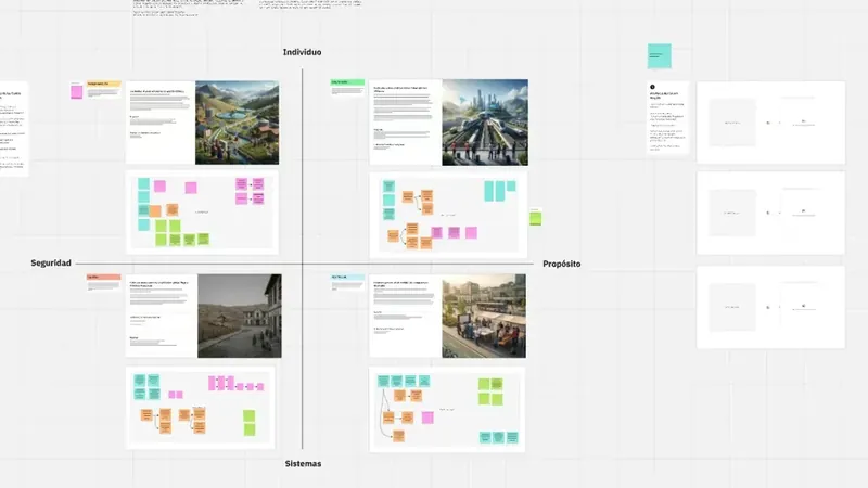 Tablero de Miro del workshop LATAM·2036: matriz de escenarios, notas y plantillas de los equipos